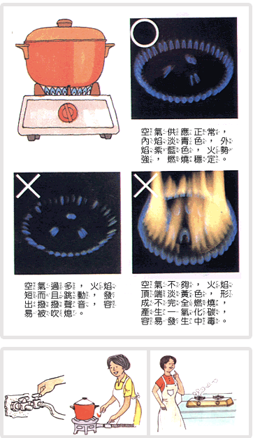 瓦斯爐
先扭開總開關。如果是自動式爐，只須轉動爐上開關，火即點燃。千萬不可先開瓦斯。
自動點火式瓦斯爐，在連續幾次未點著時，應稍候片刻，讓已流出之瓦斯飄散後再扭動開關。
瓦斯爐須調整火焰，使瓦斯正常燃燒。火焰頂端剛好碰到鍋底，乃是最有效使用。
平底鍋較圓底鍋節省瓦斯。放到爐上之前，把鍋底水滴擦乾，也可以節省瓦斯。
鍋內湯水煮沸後，應將瓦斯火力調小。